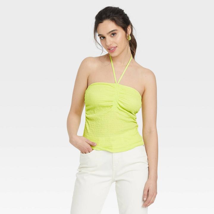 Women's Slim Fit Textured Halter Top - A New Day Green