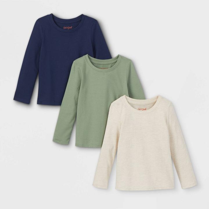 Toddler Girls' 3pk Long Sleeve T-shirt - Cat & Jack Olive Green/cream/navy