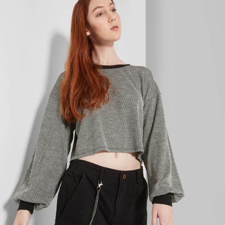 Women's Striped Long Sleeve Round Neck Rib Sweater Knit Top - Wild Fable Black/ivory