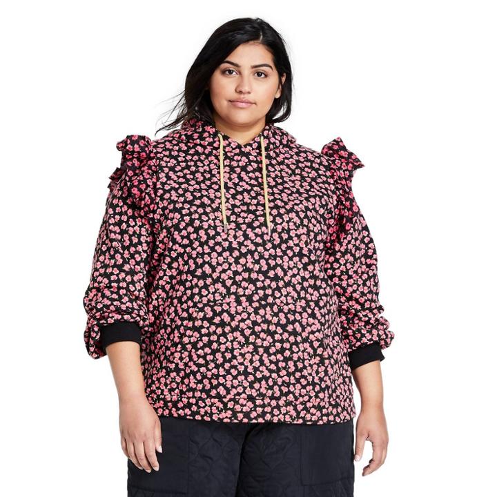 Women's Plus Size Floral Print Ruffle Hooded Sweatshirt - Sandy Liang X Target Pink