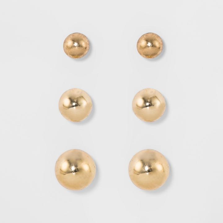 Women's Fashion Trio Stud Ball Earring - A New Day Gold, Bright Gold