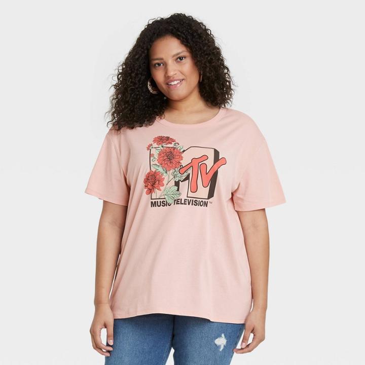 Women's Mtv Plus Size Floral Print Logo Short Sleeve Graphic T-shirt - Pink