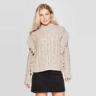 Women's Long Sleeve Mock Turtleneck Cable Fringe Pullover Sweater- Universal Thread Cream S, Women's, Size: