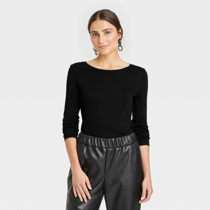 Women's Long Sleeve Ribbed T-shirt - A New Day Black