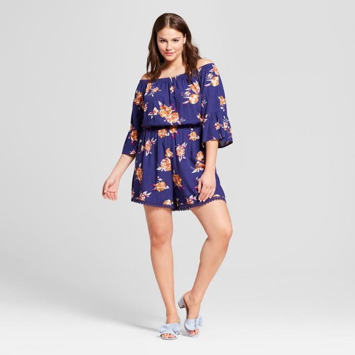 Women's Plus Size Floral Print Off The Shoulder Romper - Xhilaration Navy