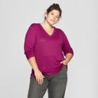 Women's Plus Size Knit V-neck Long Sleeve Top - Ava & Viv Berry Heather X