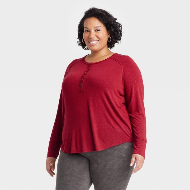 Women's Plus Size Long Sleeve Henley T-shirt - Knox Rose Red