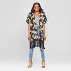 Women's Floral Print Flutter Short Sleeve Kimono Jacket - Xhilaration Black