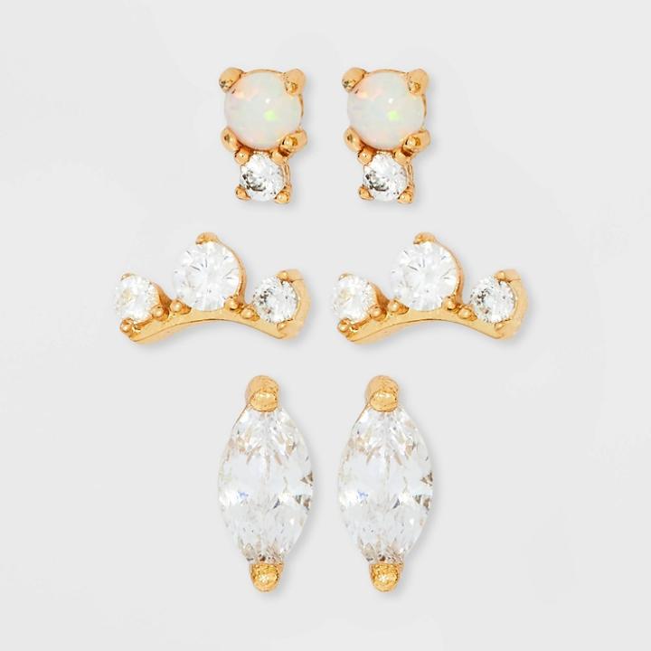 14k Gold Plated Simulated Opal And Cubic Zirconia Stud Earring Set 3pc - A New Day Gold