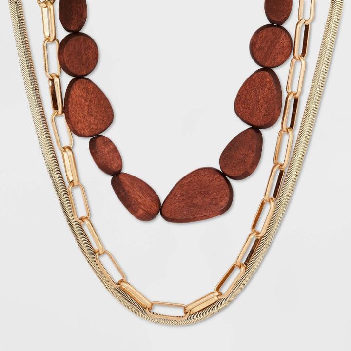Wood Bead Multi-strand Necklace 3pc - A New Day Brown
