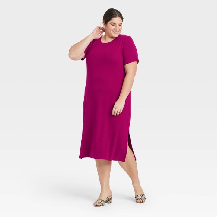 Women's Plus Size Short Sleeve Rib Knit T-shirt Dress - A New Day Dark Purple