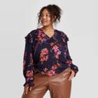 Women's Plus Size Floral Print Long Sleeve Romantic Ruffle Blouse - A New Day Navy