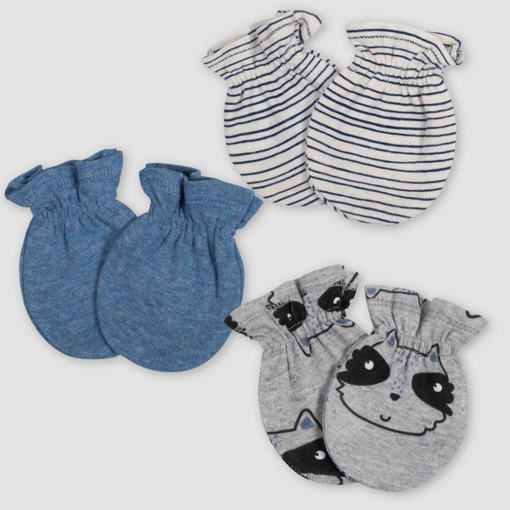 Gerber Baby Boys' 3pk Raccoon Mittens - Blue/gray