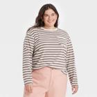 Women's Plus Size Striped Slim Fit Long Sleeve Round Neck Pocket T-shirt - A New Day Brown