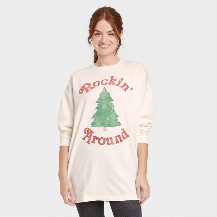 Grayson Threads Women's Holiday Rockin' Around Long Sleeve Graphic Sweatshirt Dress - Off-white