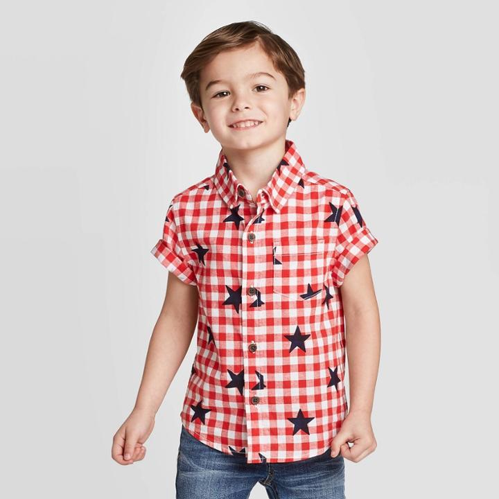 Toddler Boys' Gingham Stars Woven Button-down Shirt - Cat & Jack Red 12m, Toddler Boy's
