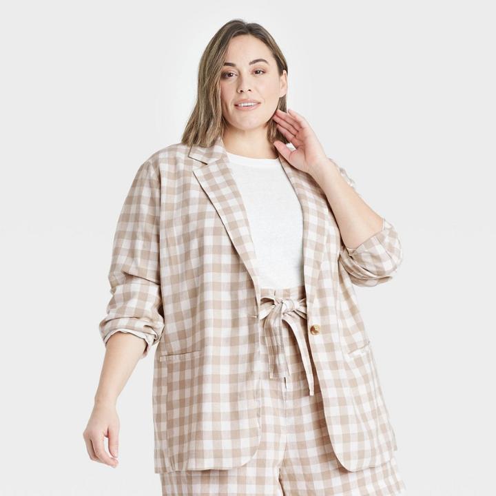 Women's Plus Size Gingham Check Blazer - A New Day Cream