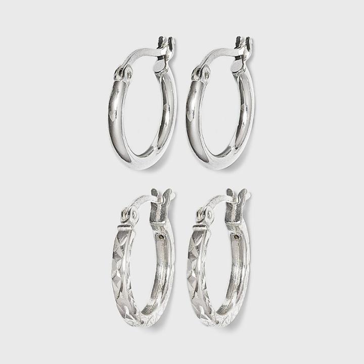 Women's Sterling Silver Tube And Square Cut Hoop Earring Set 2pc - A New Day