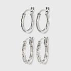 Women's Sterling Silver Tube And Square Cut Hoop Earring Set 2pc - A New Day