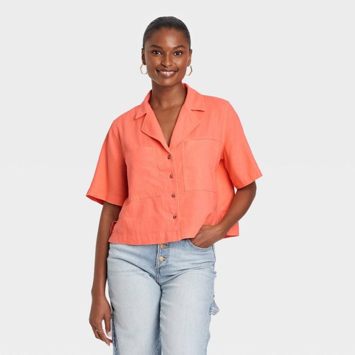 Women's Short Sleeve Button-down Shirt - Universal Thread Coral Red