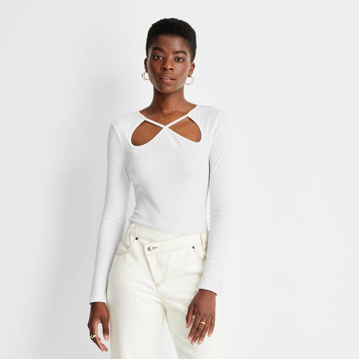 Women's Ribbed Cut Out Neck Bodysuit - Future Collective With Kahlana Barfield Brown White Xxs