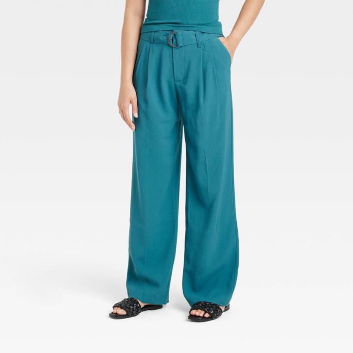 Women's High-rise Relaxed Fit Straight Belted Trousers - A New Day Teal