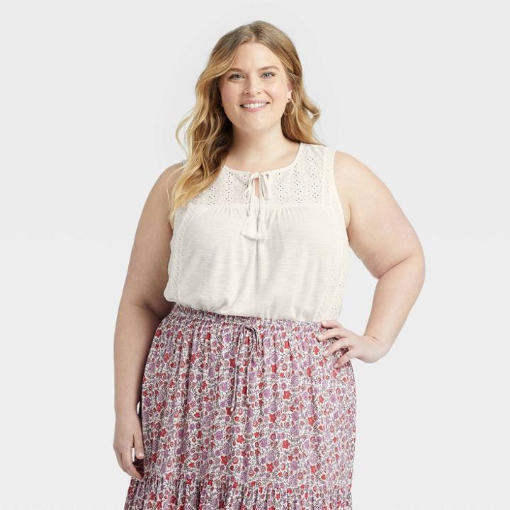 Women's Plus Size Eyelet Lace Rib Knit Tank Top - Knox Rose White