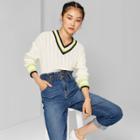 Women's Long Sleeve V-neck Cropped Varsity Sweater - Wild Fable Ivory Xl, Women's, Beige