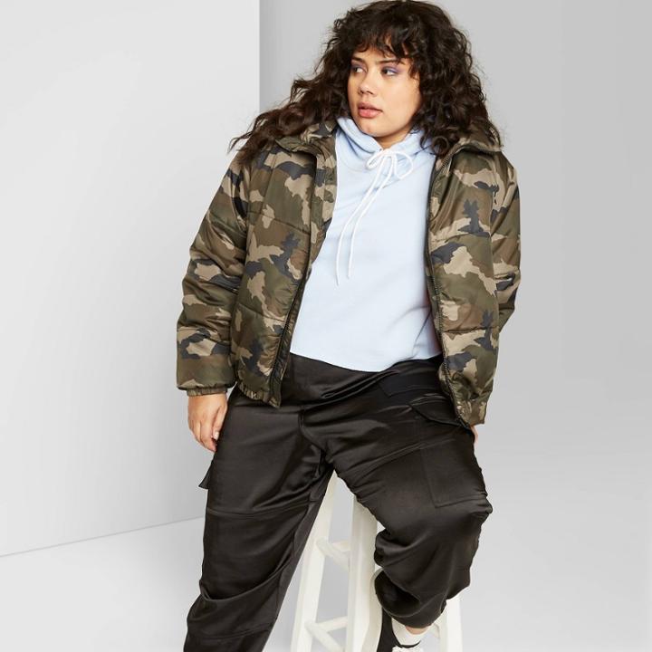 Women's Plus Size Camo Print Zip-up Puffer Jacket - Wild Fable Olive 2x, Women's, Size:
