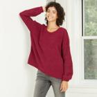 Women's Crewneck Chenille Pullover Sweater With Pointelle Sleeves - Knox Rose Red
