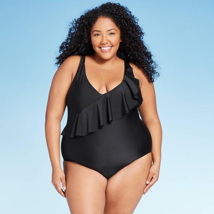 Women's Plus Size One Shoulder Ruffle One Piece Swimsuit - Kona Sol Black