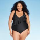 Women's Plus Size One Shoulder Ruffle One Piece Swimsuit - Kona Sol Black