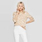 Women's Animal Print Long Sleeve Ribbed Cuff Crewneck Pullover Sweater - A New Day Cream (ivory)