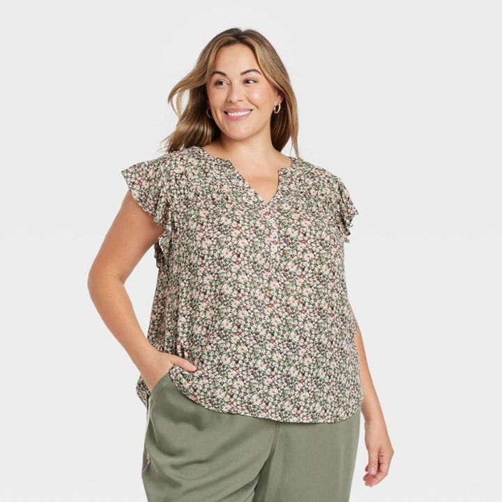 Women's Plus Size Ruffle Short Sleeve Button-front Top - Knox Rose Light Green Floral