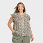 Women's Plus Size Ruffle Short Sleeve Button-front Top - Knox Rose Light Green Floral