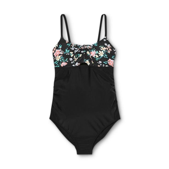 Maternity Floral Print V-neck Tunnel Tie One Piece Swimsuit - Isabel Maternity By Ingrid & Isabel Black