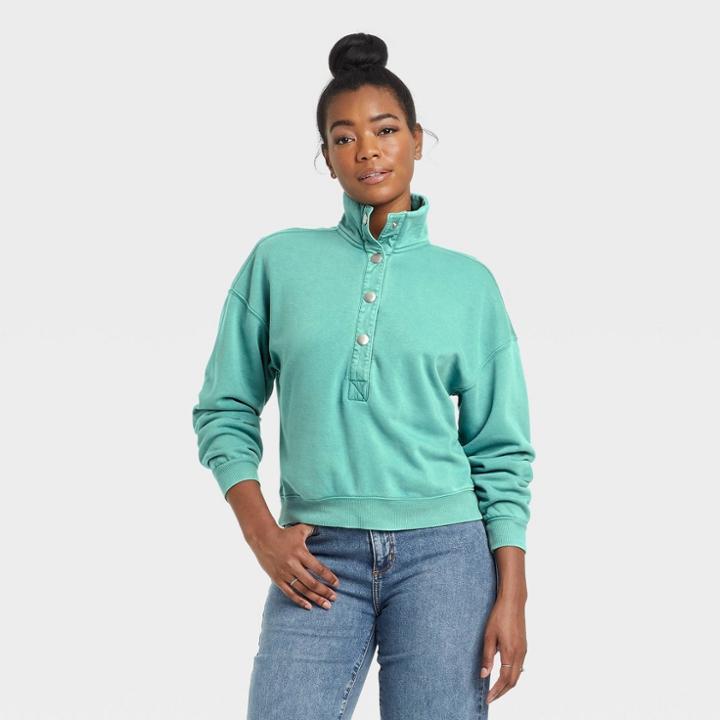 Women's Henley Neck Fleece Sweatshirt - Universal Thread Teal Green