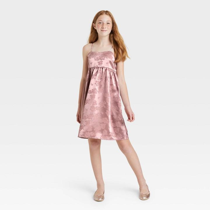 Girls' Satin Floral Dress - Art Class Pink