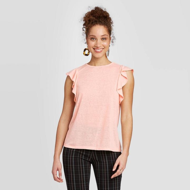 Women's Ruffle Short Sleeve Linen T-shirt - A New Day Pink