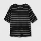 Women's Plus Size Striped Print Elbow Sleeve Scoop Neck T-shirt - Who What Wear Black
