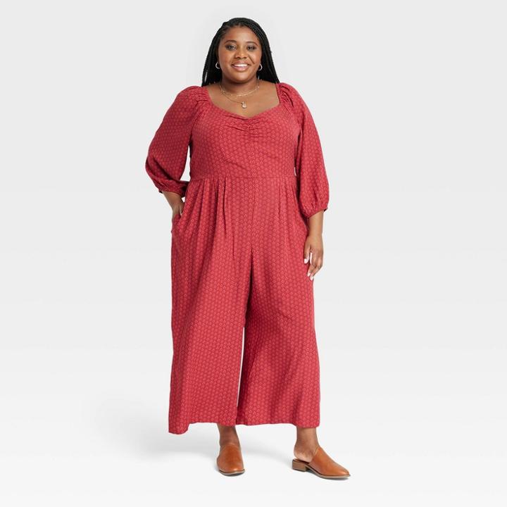 Women's Plus Size Puff 3/4 Sleeve Jumpsuit - Knox Rose Red Dot