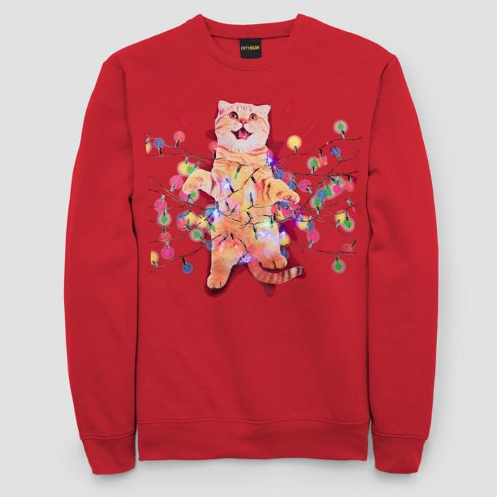 Fifth Sun Men's Ugly Holiday Cats In Lights With Led Lights Long Sleeve Pullover Sweater - Red
