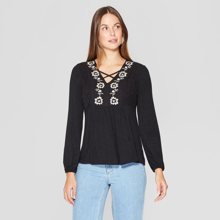 Women's Long Sleeve Contract Embroidered Top - Knox Rose Black
