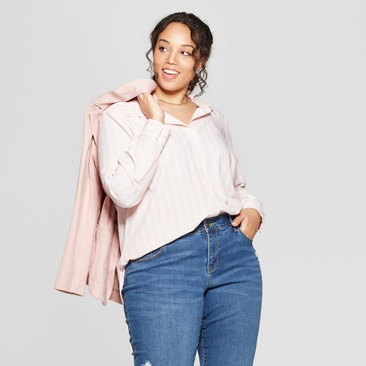 Women's Plus Size Striped Long Sleeve Collared Button-down Blouse - Ava & Viv Pink X