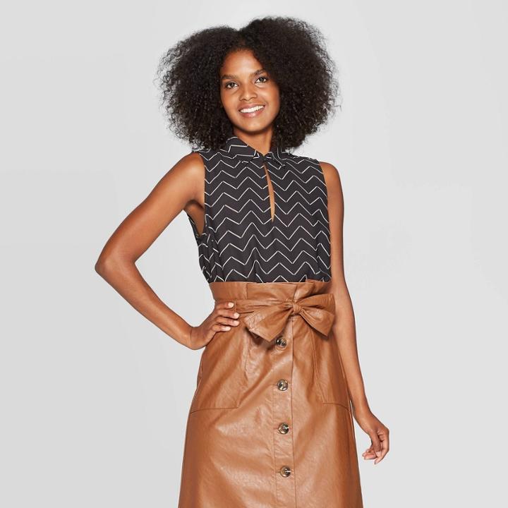 Women's Collared Front Button-down Tank Top - Who What Wear Black M,