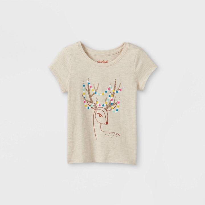 Toddler Girls' Glitter Deer Short Sleeve Graphic T-shirt - Cat & Jack Oatmeal 18m, Ivory/gold/grey