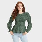 Women's Puff Long Sleeve Smocked Blouse - Universal Thread Green Plaid