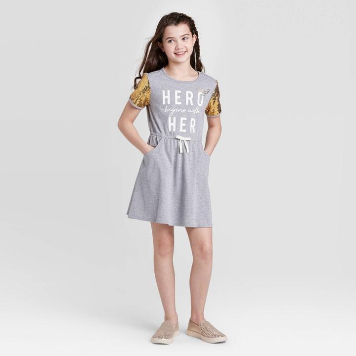 Girls' Dc Comics Wonder Woman Sequin Sleeve Dress - Gray/gold