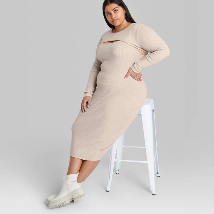 Women's Plus Size Long Sleeve Bodycon Sweater Dress & Shrug Set - Wild Fable Heather Cream