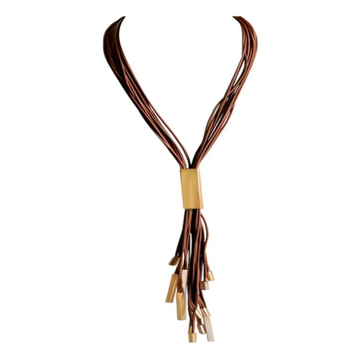 Zirconmania Zirconite Multi-strand Leather With Square Metal Tube Insert Tassel Necklace - 24 - Brown/gold,